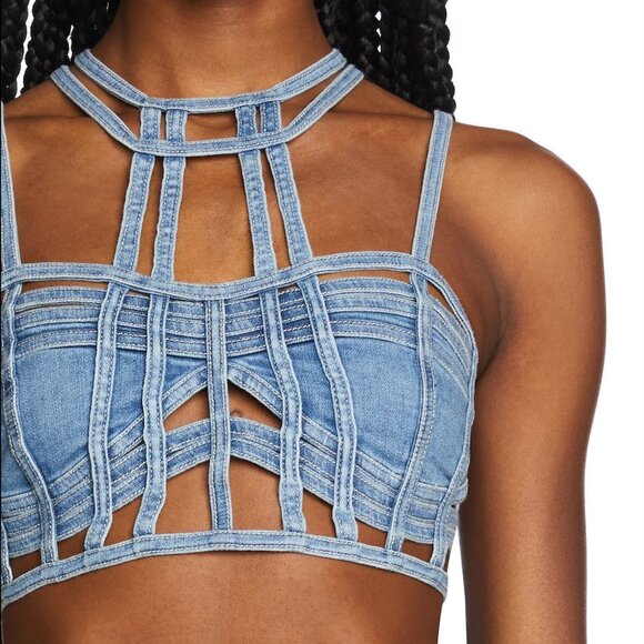 Dolls Kill Club Exx Deviant Treasure Bustier Top & Booty Shorts Set (Denim) - Picture 2 of 10